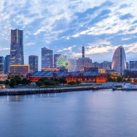 Panorama view at Yokohama minato mirai bayside in evening